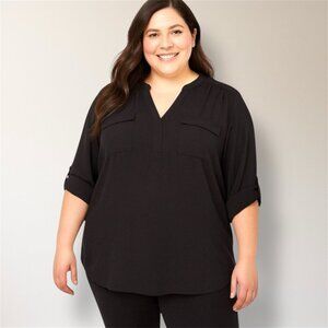 Torrid 3X Black Georgette Harper Tunic Blouse Roll Tab Sleeve Office Career Goth